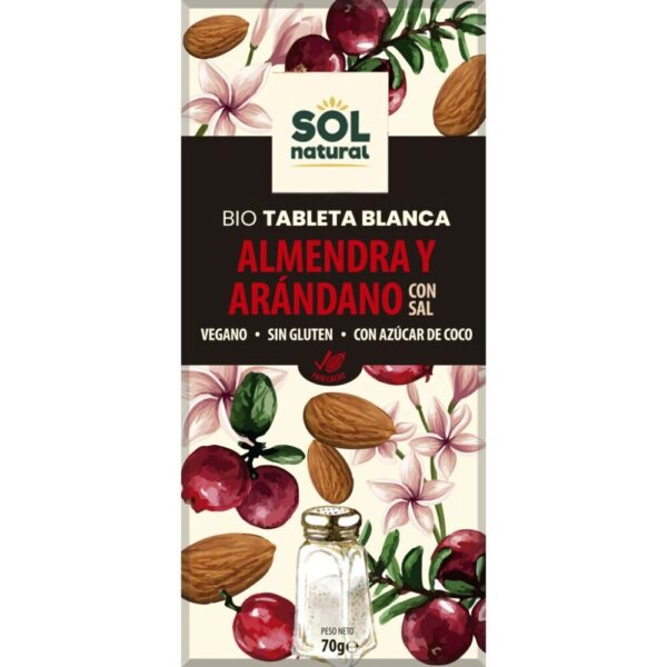 Chocolate blanco con almendras y arándanos con sal 70gr. Sol Natural